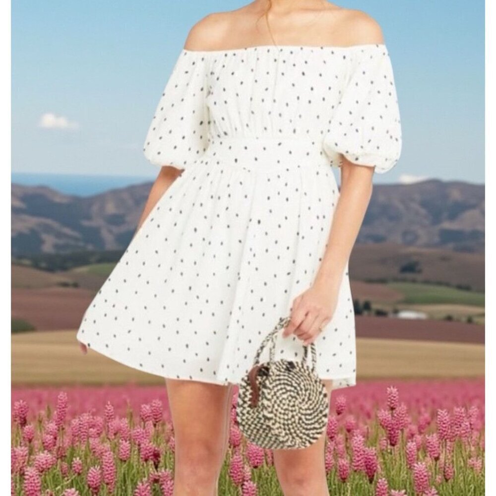 Anthropologie OPT Milkmaid Cream Black Polka Dot Dress Womens Small